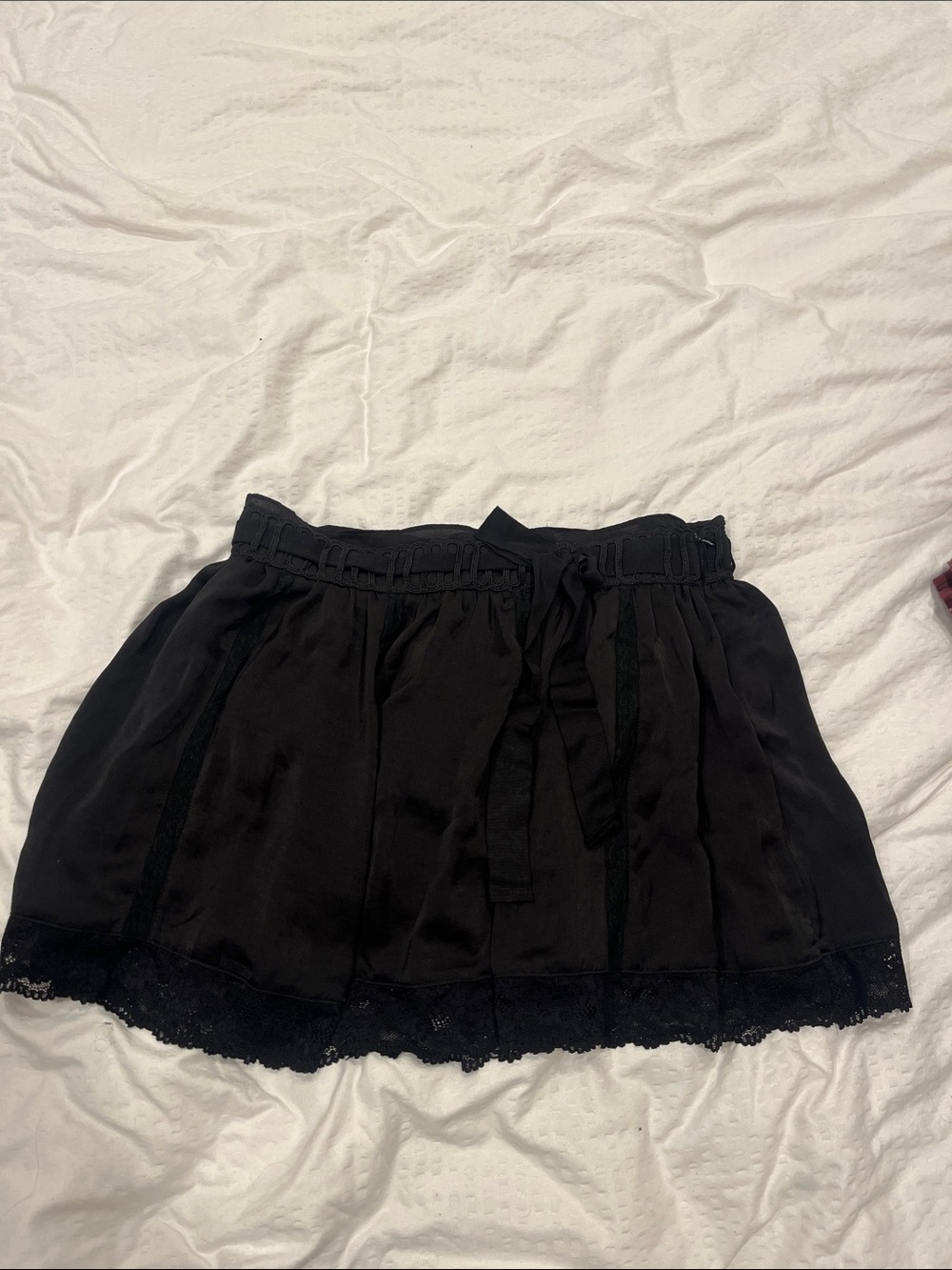Black Lace-Hem Mini Skirt with Elastic Tie Waist